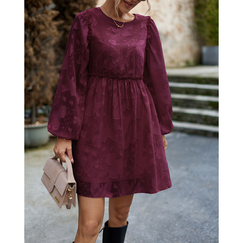 Wine Red Jacquard Puff Sleeve Mini Dress