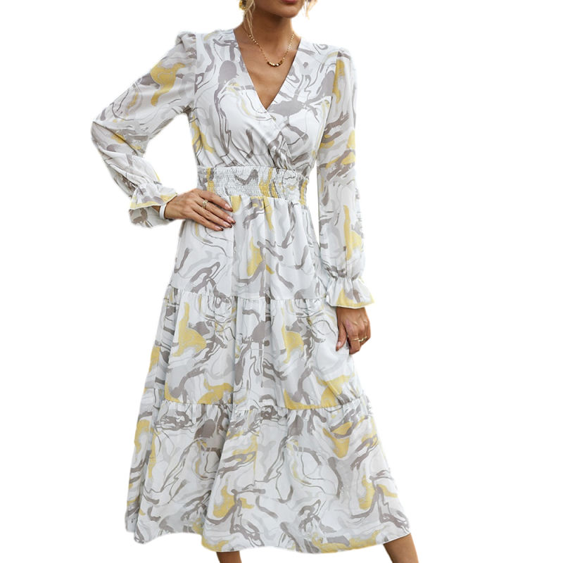 Gray Printed Pleated Waist V Neck Casual Dress