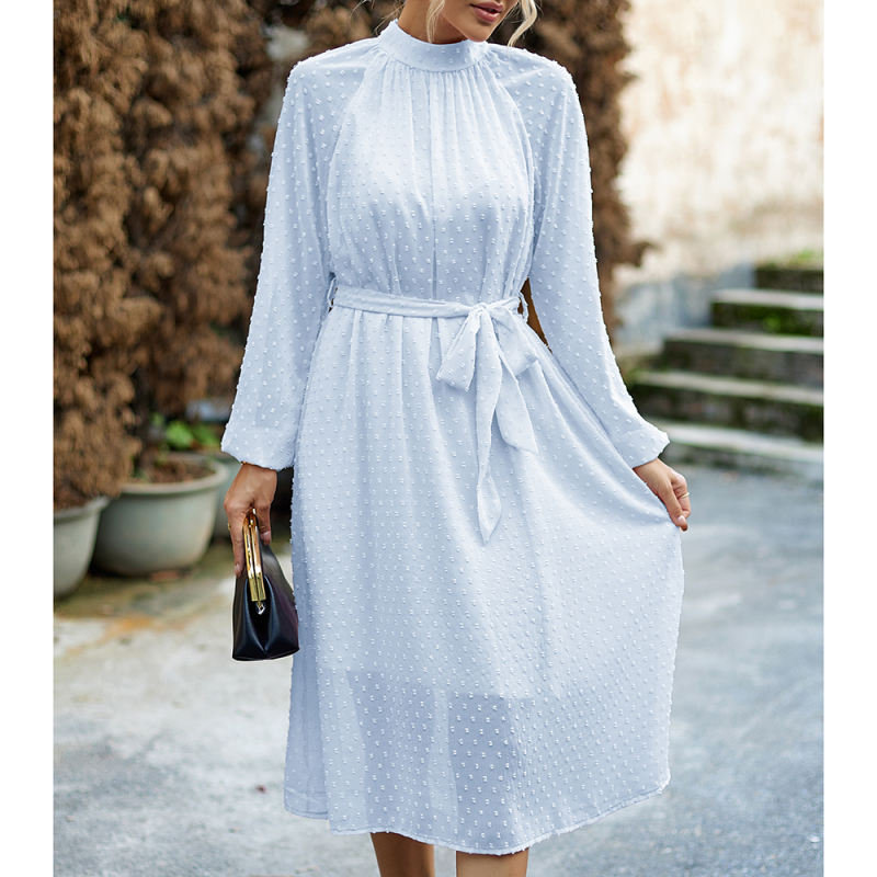 Blue Swiss Dot Jacquard Long Sleeve Dress