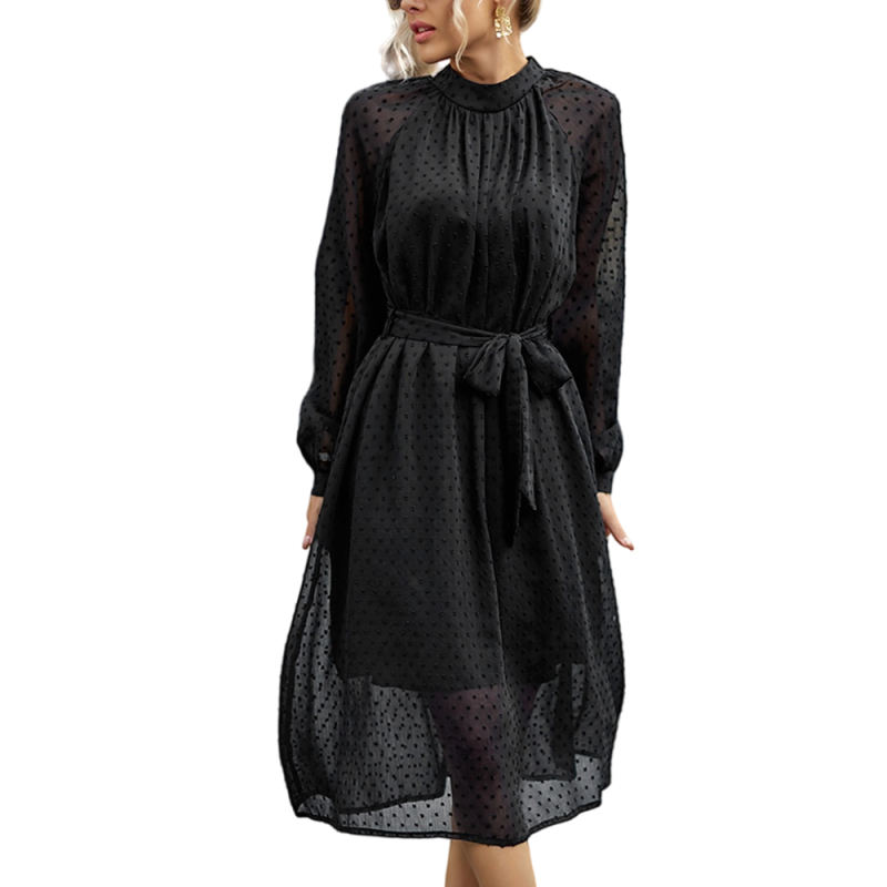 Black Swiss Dot Jacquard Long Sleeve Dress