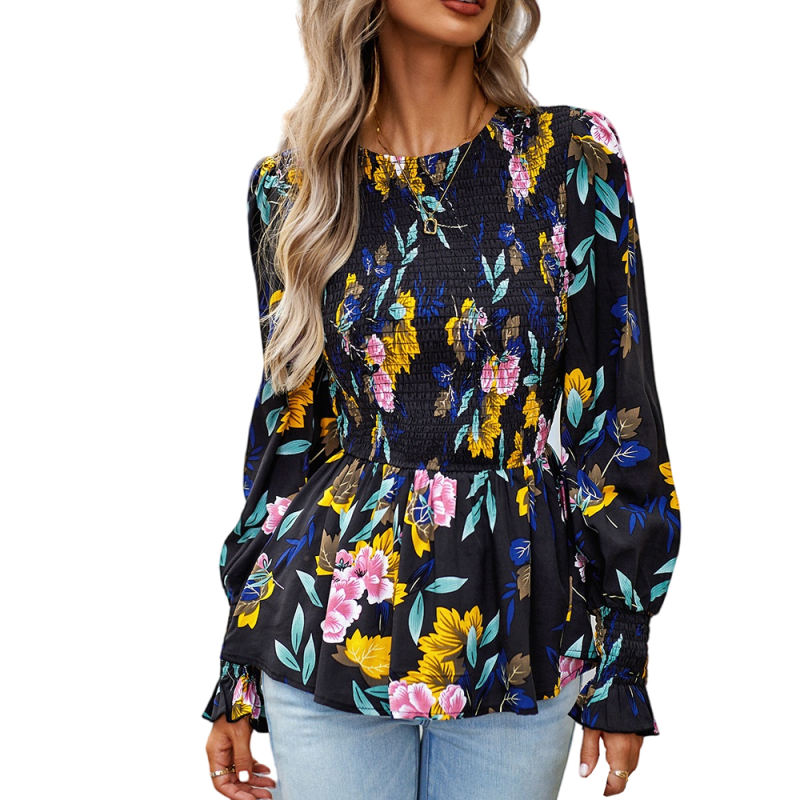 Black Floral Print Smocked Bust Peplum Blouse