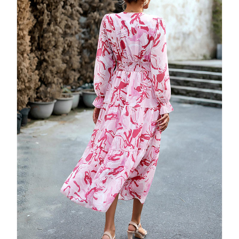 Pink Printed Pleated Waist V Neck Casual Dress