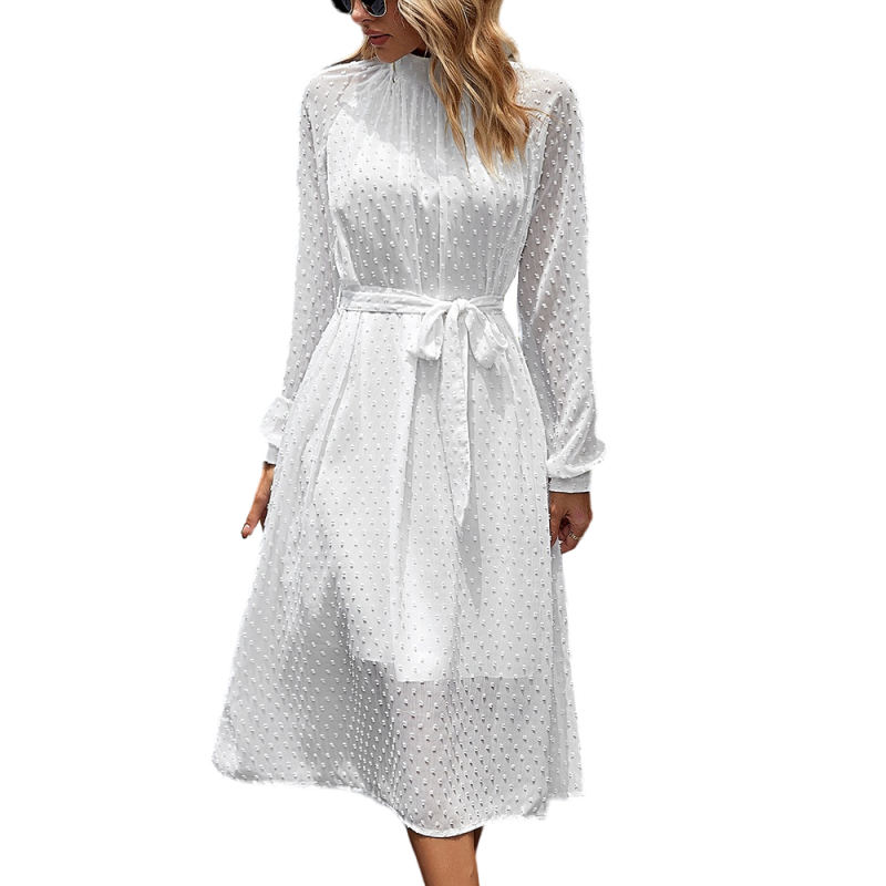 White Swiss Dot Jacquard Long Sleeve Dress