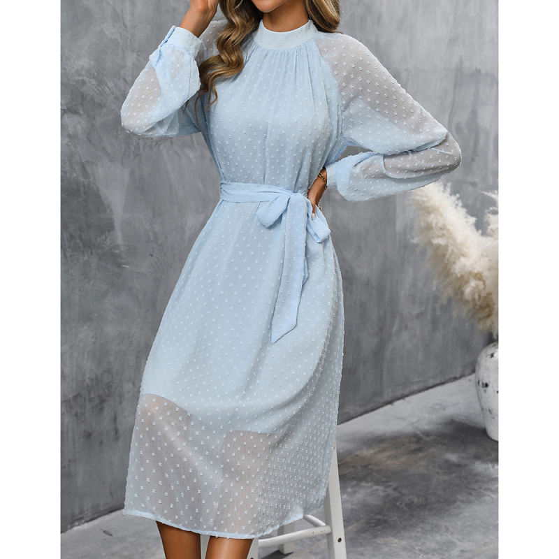Blue Swiss Dot Jacquard Long Sleeve Dress