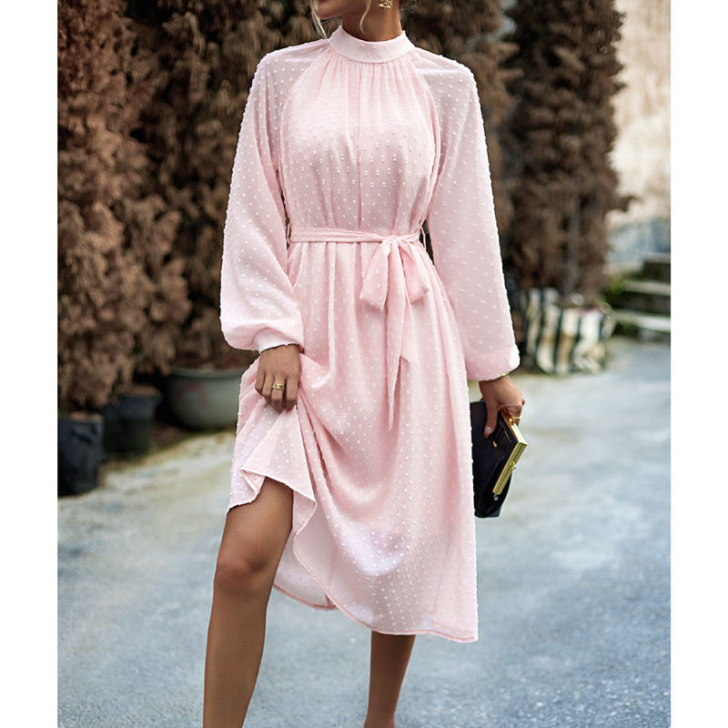Pink Swiss Dot Jacquard Long Sleeve Dress