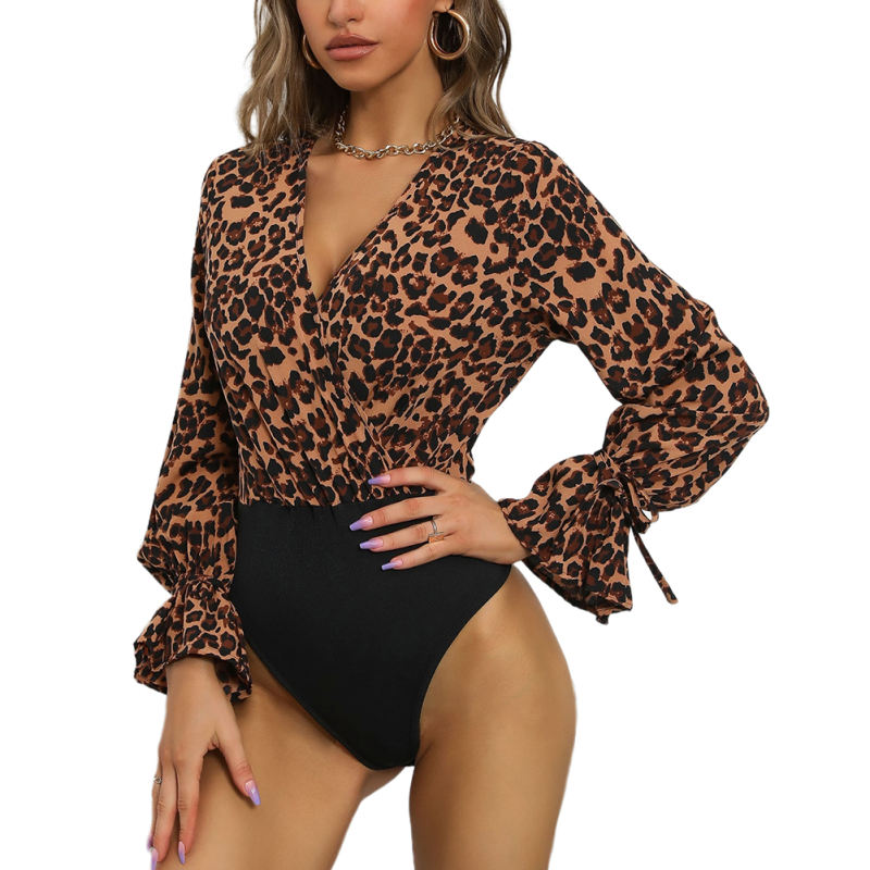Khaki V Neck Leopard Print Long Sleeve Bodysuit