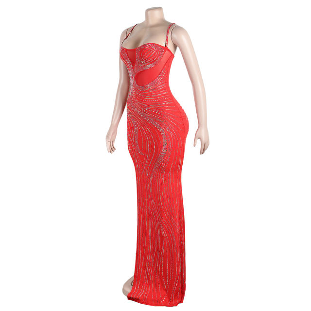 Red Spaghetti Straps Rhinestone High Split Maxi Dress