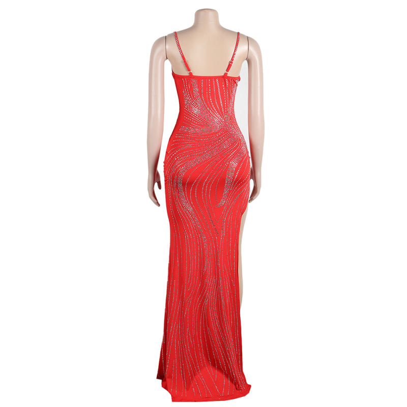 Red Spaghetti Straps Rhinestone High Split Maxi Dress