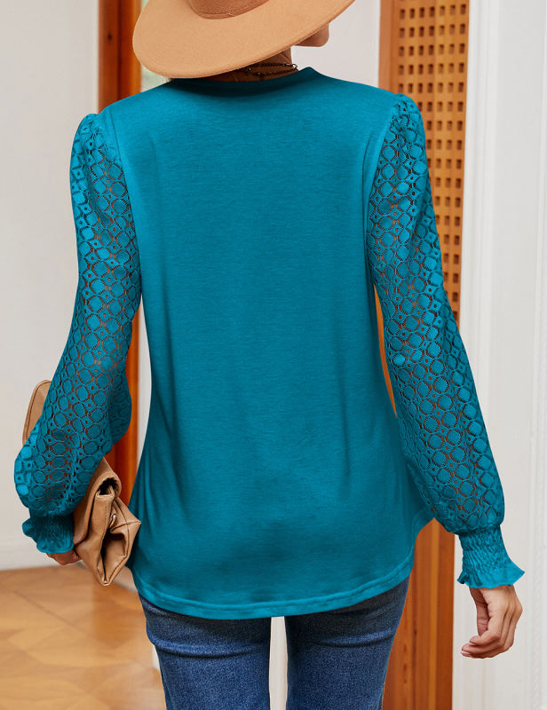 Peacok Blue Spliced Lace V Neck Hollow-out Long Sleeve Tops