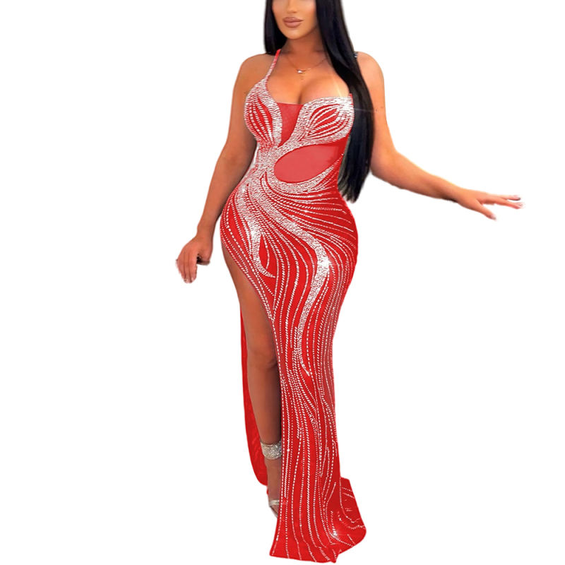 Red Spaghetti Straps Rhinestone High Split Maxi Dress