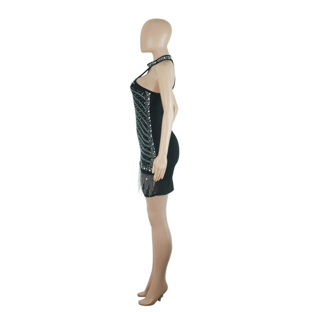 Black Tasseled Rhinestone Halter Club Bodycon Dress
