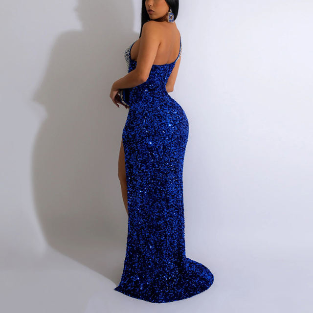 Blue Rhinestone High Split Maxi Dress