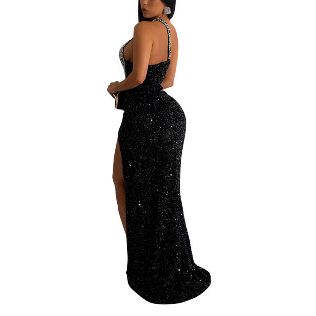 Black Rhinestone High Split Maxi Dress