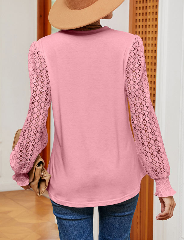 Pink Spliced Lace V Neck Hollow-out Long Sleeve Tops