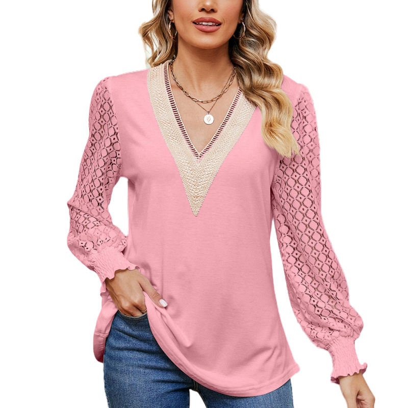 Pink Spliced Lace V Neck Hollow-out Long Sleeve Tops