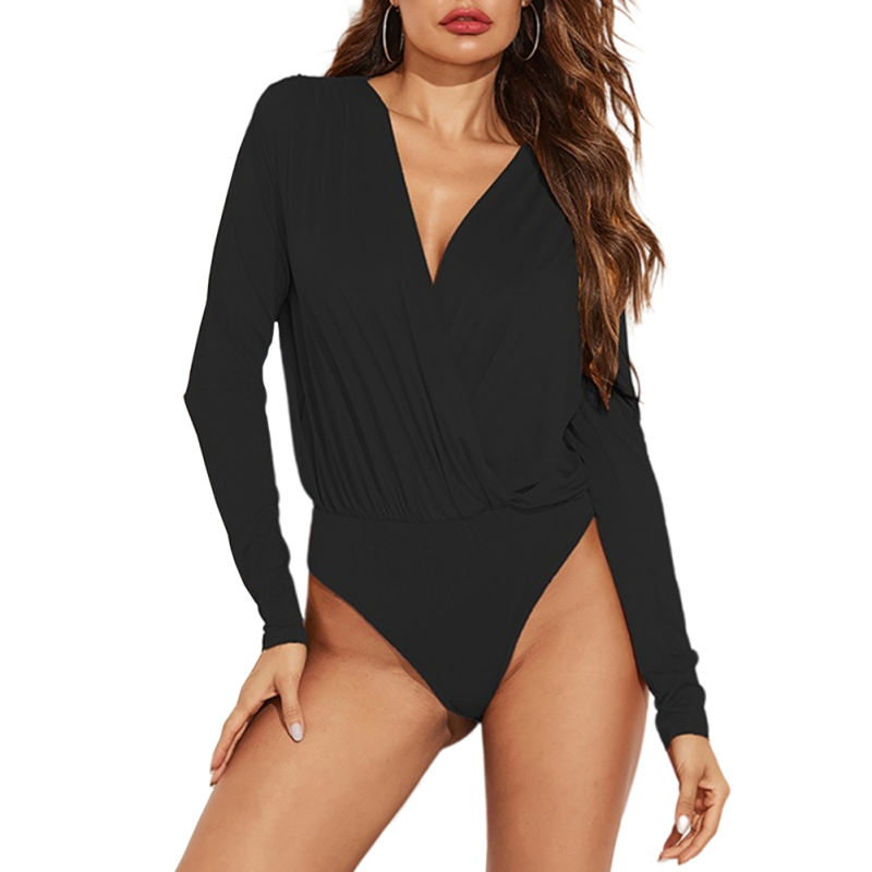 Black Deep V Neck Long Sleeve Bodysuit