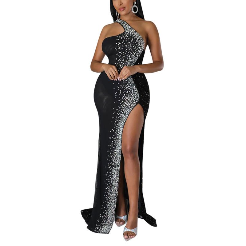 Black Rhinestone High Split Maxi Dress