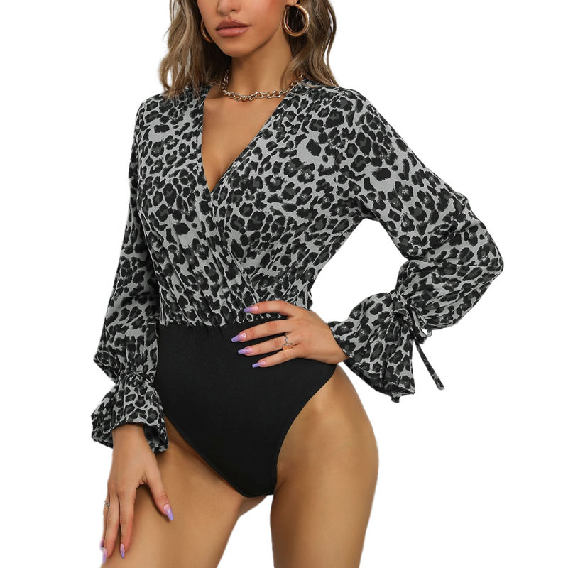 Gray V Neck Leopard Print Long Sleeve Bodysuit