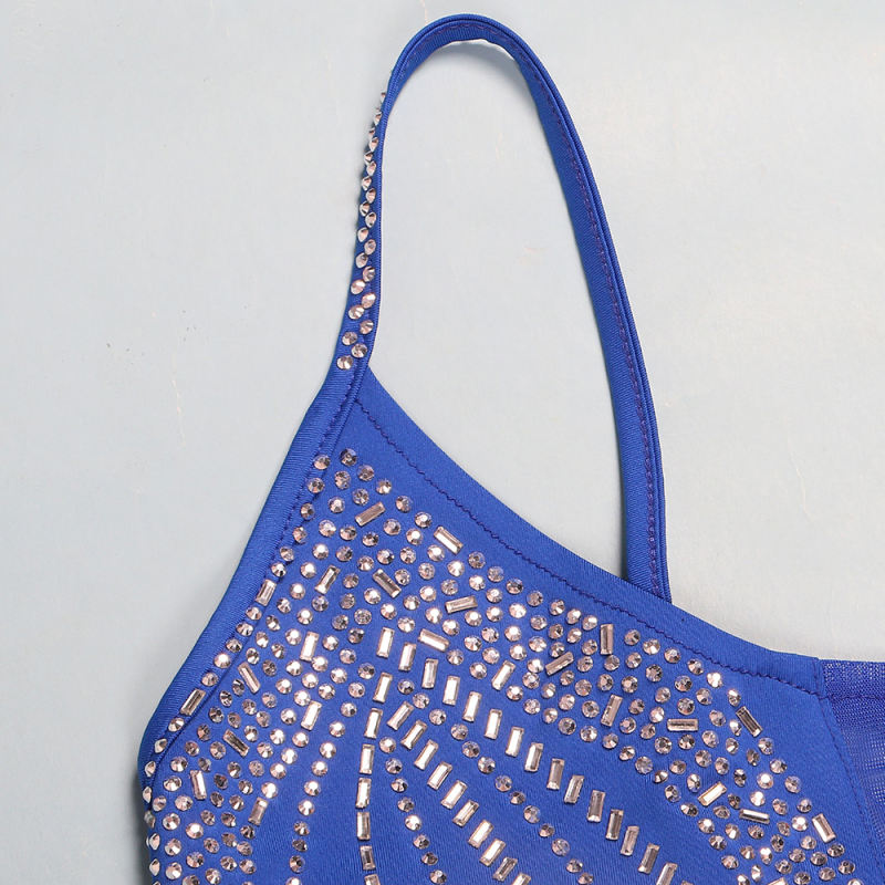 Blue Spaghetti Straps Rhinestone High Split Maxi Dress