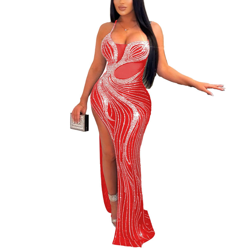 Red Spaghetti Straps Rhinestone High Split Maxi Dress