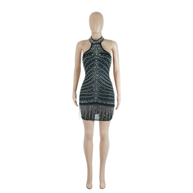 Black Tasseled Rhinestone Halter Club Bodycon Dress