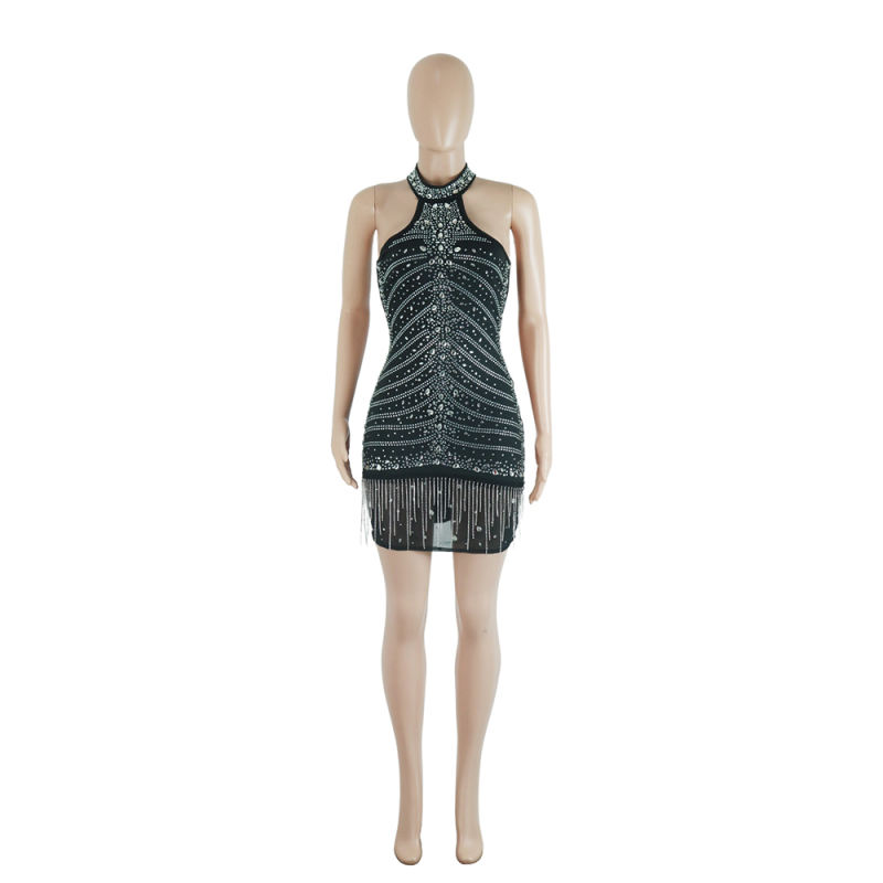Black Tasseled Rhinestone Halter Club Bodycon Dress
