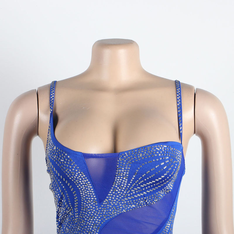 Blue Spaghetti Straps Rhinestone High Split Maxi Dress