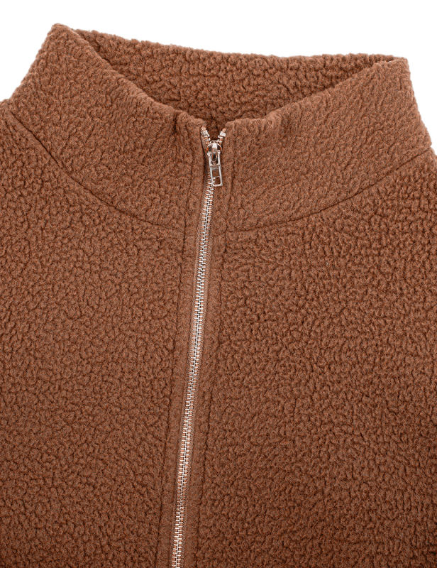 Brown Stand Neck Full-zip Drawstring Waist Jacket