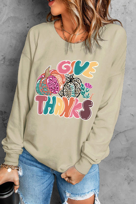 Khaki Give Thanks Pumpkin Print Crew Neck Sweatshirt