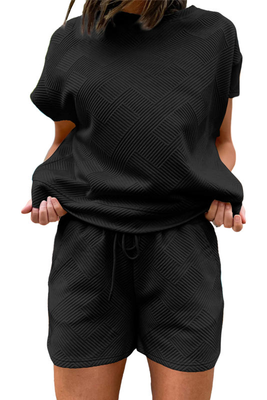 Black Textured Short Sleeve Top and Shorts Set