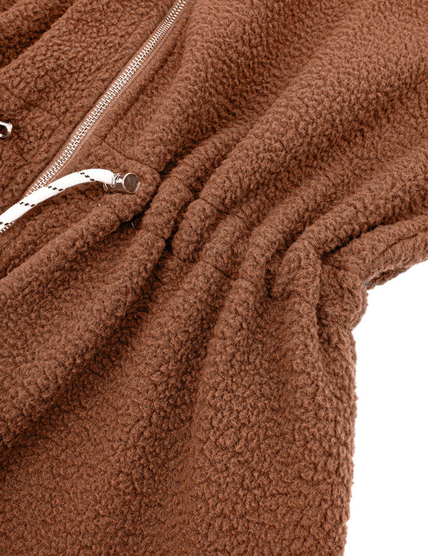 Brown Stand Neck Full-zip Drawstring Waist Jacket