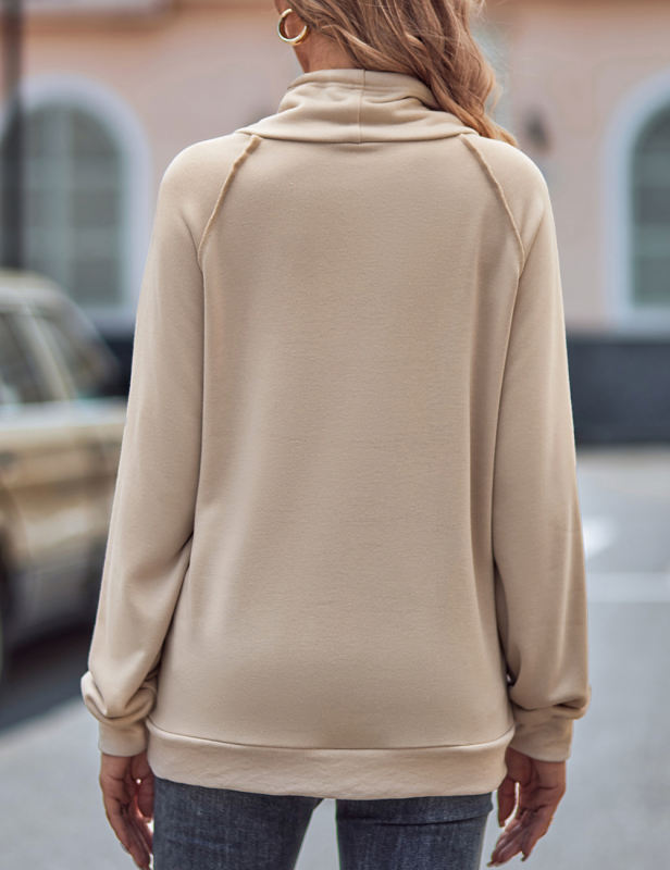 Apricot Solid Color Turtleneck Pocket Sweatshirt