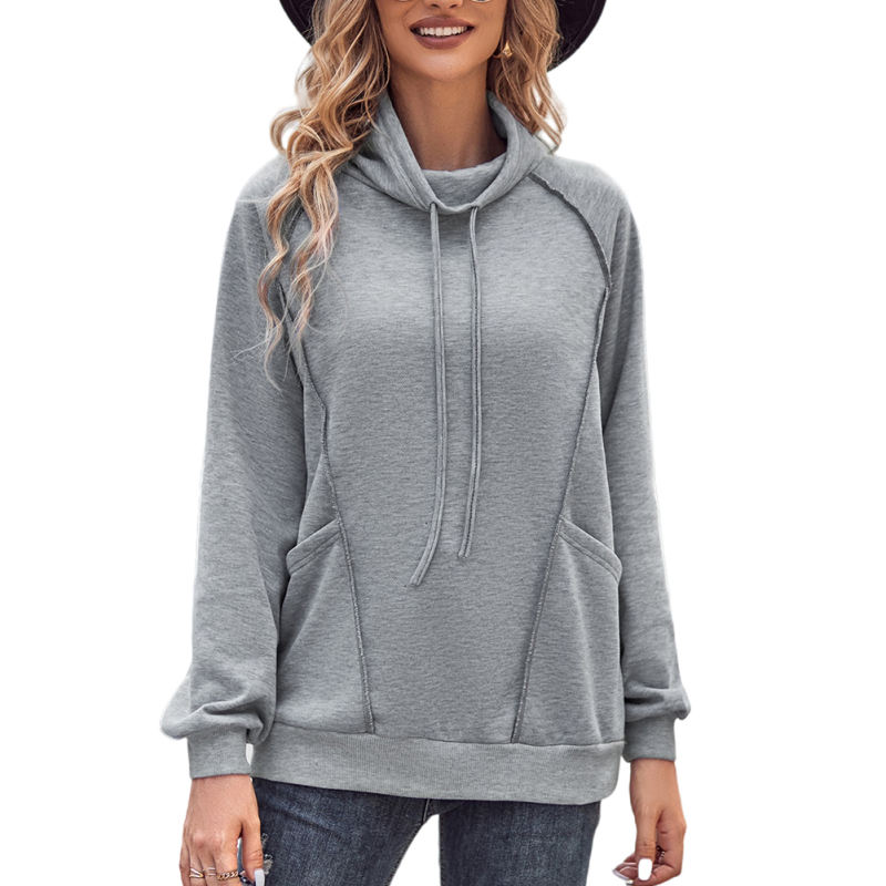 Gray Solid Color Turtleneck Pocket Sweatshirt