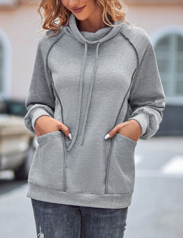 Gray Solid Color Turtleneck Pocket Sweatshirt