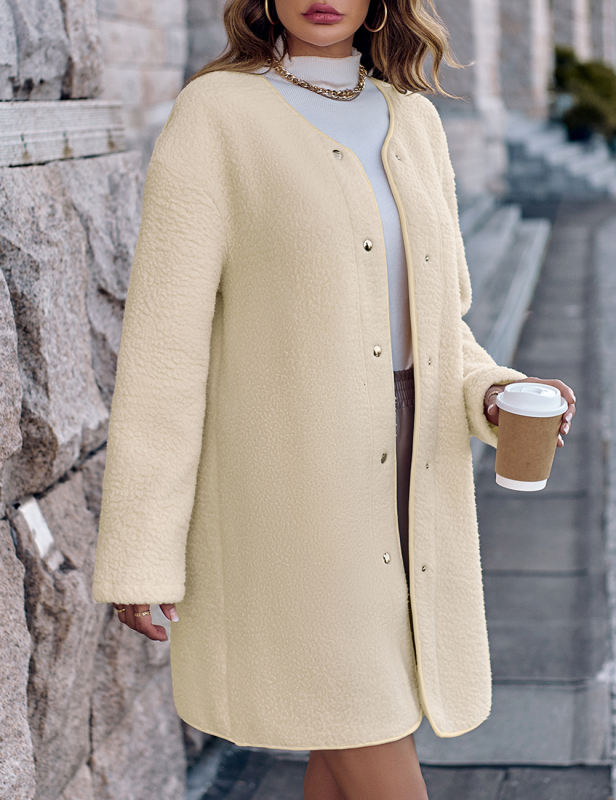 Apricot Solid Color Button Long Sleeve Coat