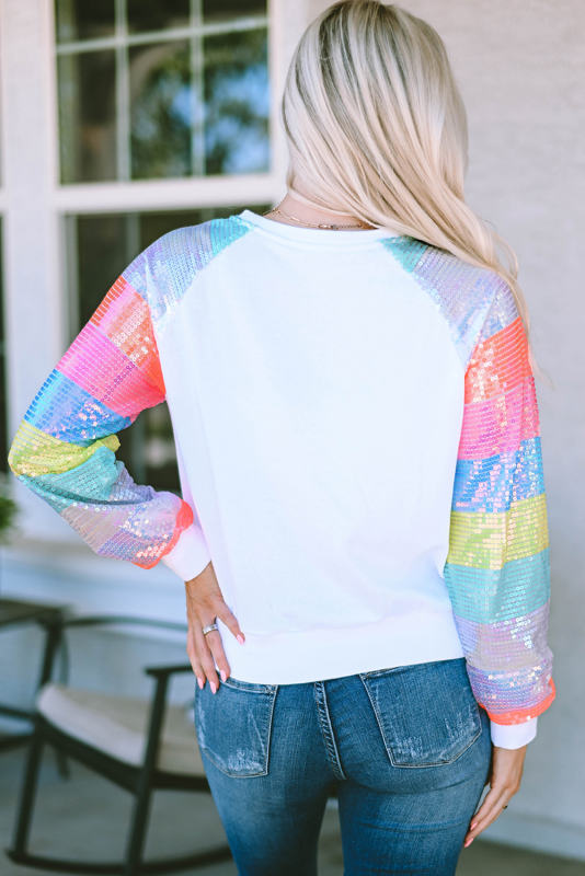 White MERRY AND BRIGHT Colorblock Sequin Sleeve Sweatshirt