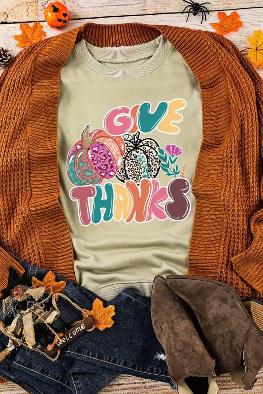 Khaki Give Thanks Pumpkin Print Crew Neck Sweatshirt