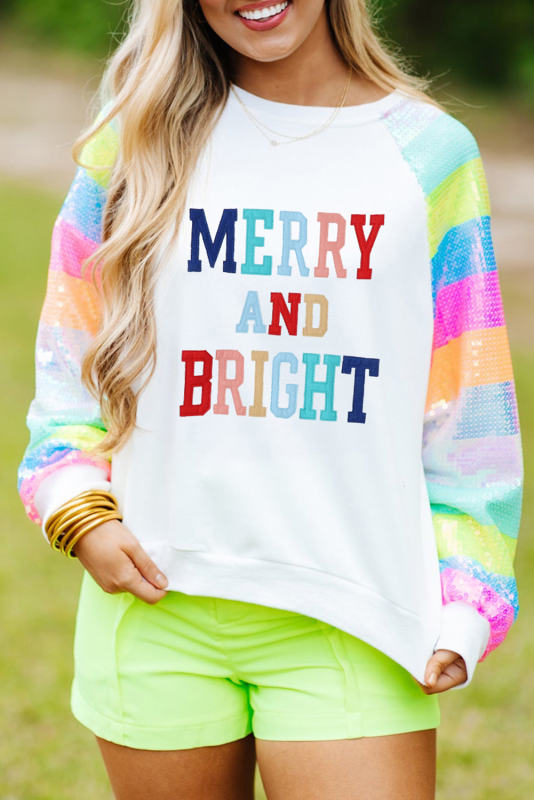 White MERRY AND BRIGHT Colorblock Sequin Sleeve Sweatshirt