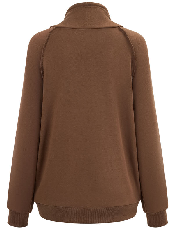 Brown Solid Color Turtleneck Pocket Sweatshirt