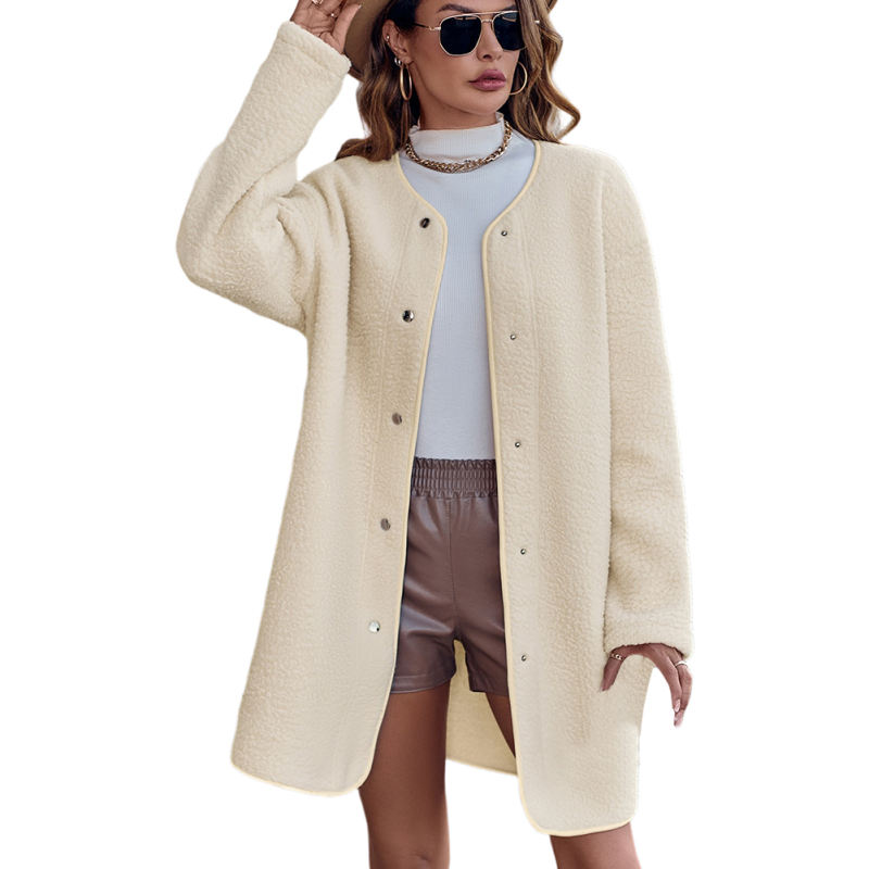 Apricot Solid Color Button Long Sleeve Coat