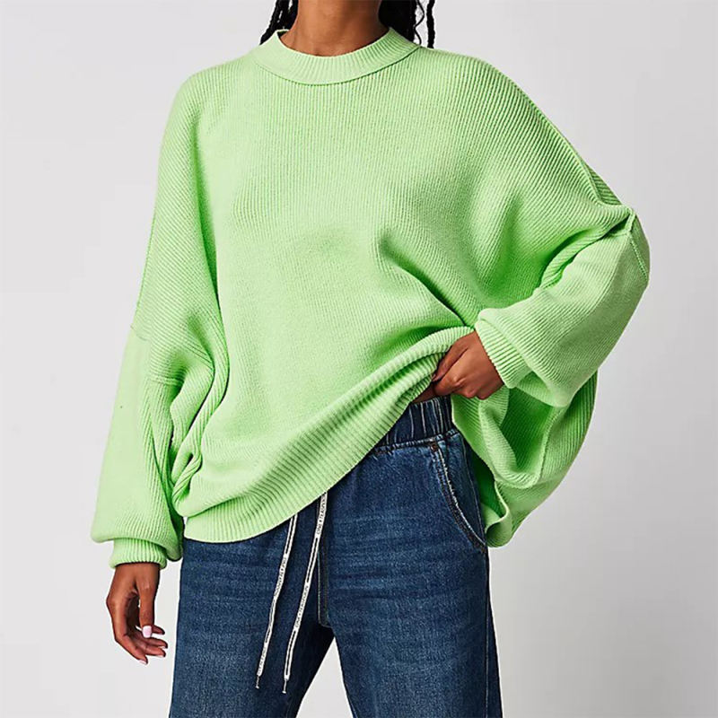 Green Crew Neck Pullover Slit Knit Sweater