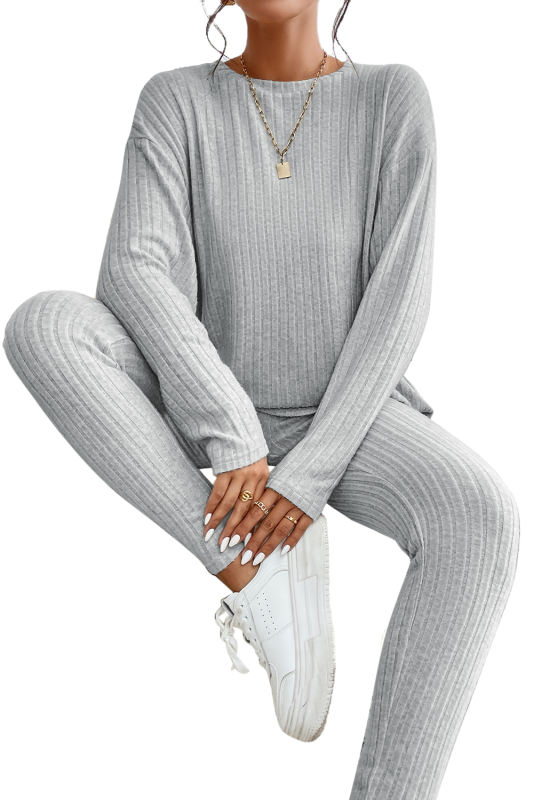 Light Grey Ribbed Knit Loose Long Sleeve Top Skinny Pants Set