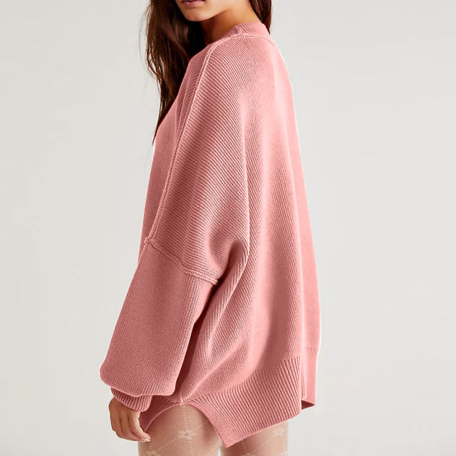 Pink Crew Neck Pullover Slit Knit Sweater