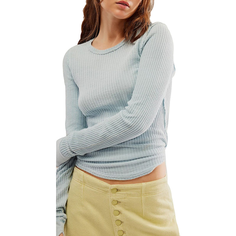 Blue Solid Color Slim Fit Long Sleeve Tops