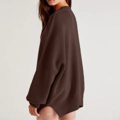Coffee Crew Neck Pullover Slit Knit Sweater
