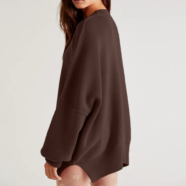 Coffee Crew Neck Pullover Slit Knit Sweater