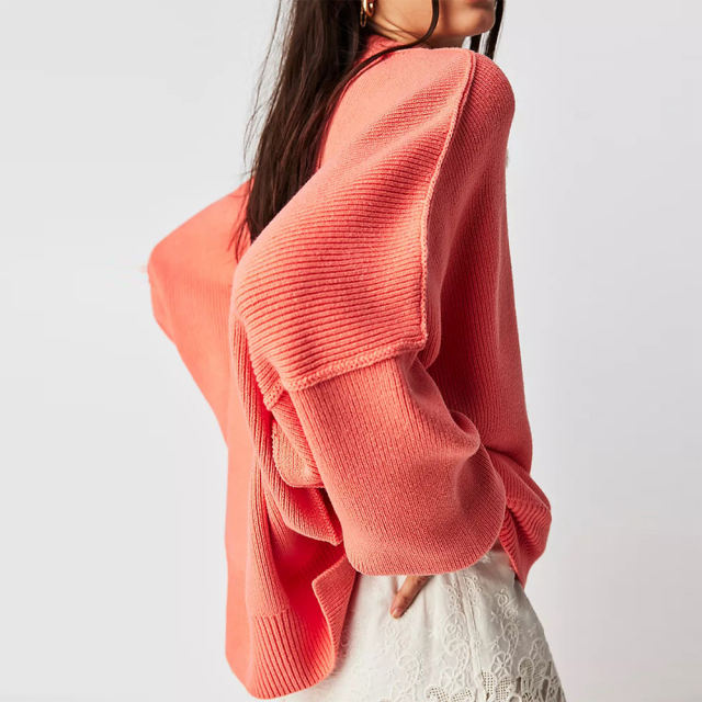 Orange Crew Neck Pullover Slit Knit Sweater