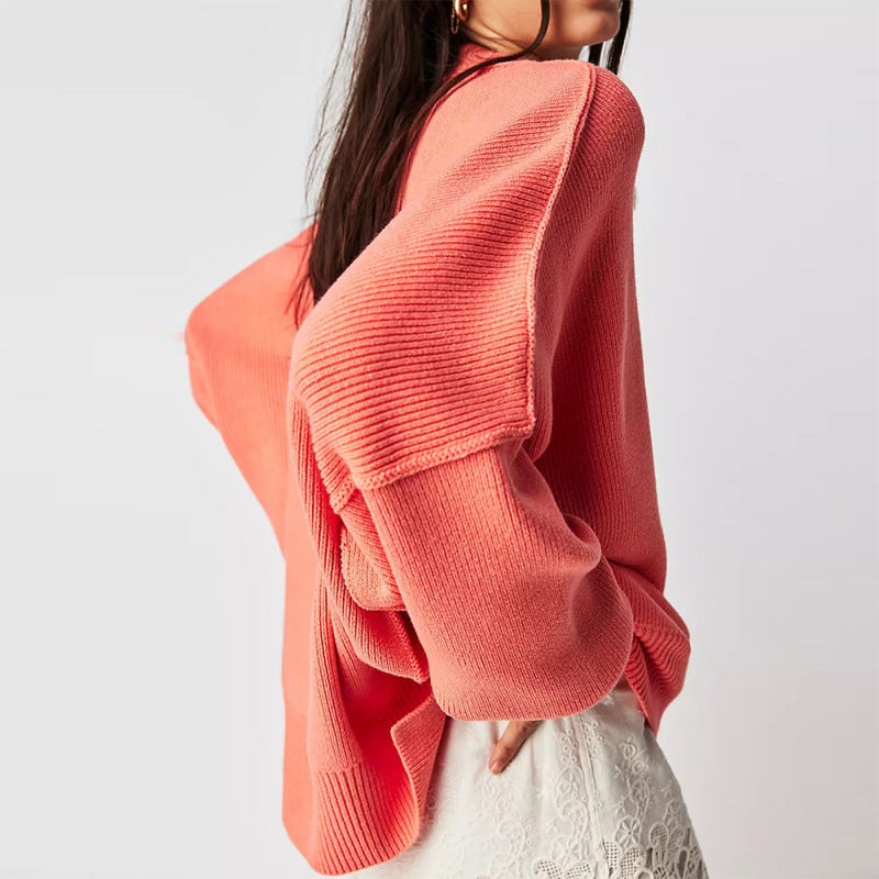 Orange Crew Neck Pullover Slit Knit Sweater