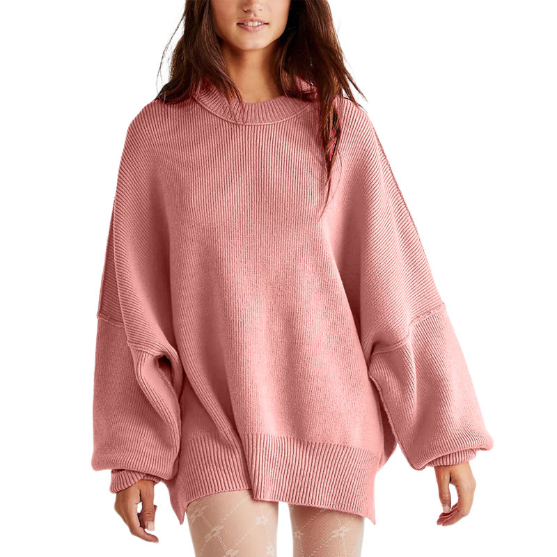 Pink Crew Neck Pullover Slit Knit Sweater
