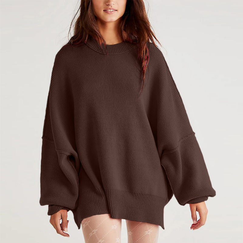 Coffee Crew Neck Pullover Slit Knit Sweater